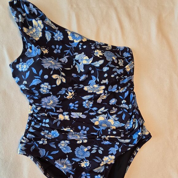 J. Crew Other - J. CREW RE-Imagined Rouched One Shoulder One Piece Swimsuit Blue Black Size 12.